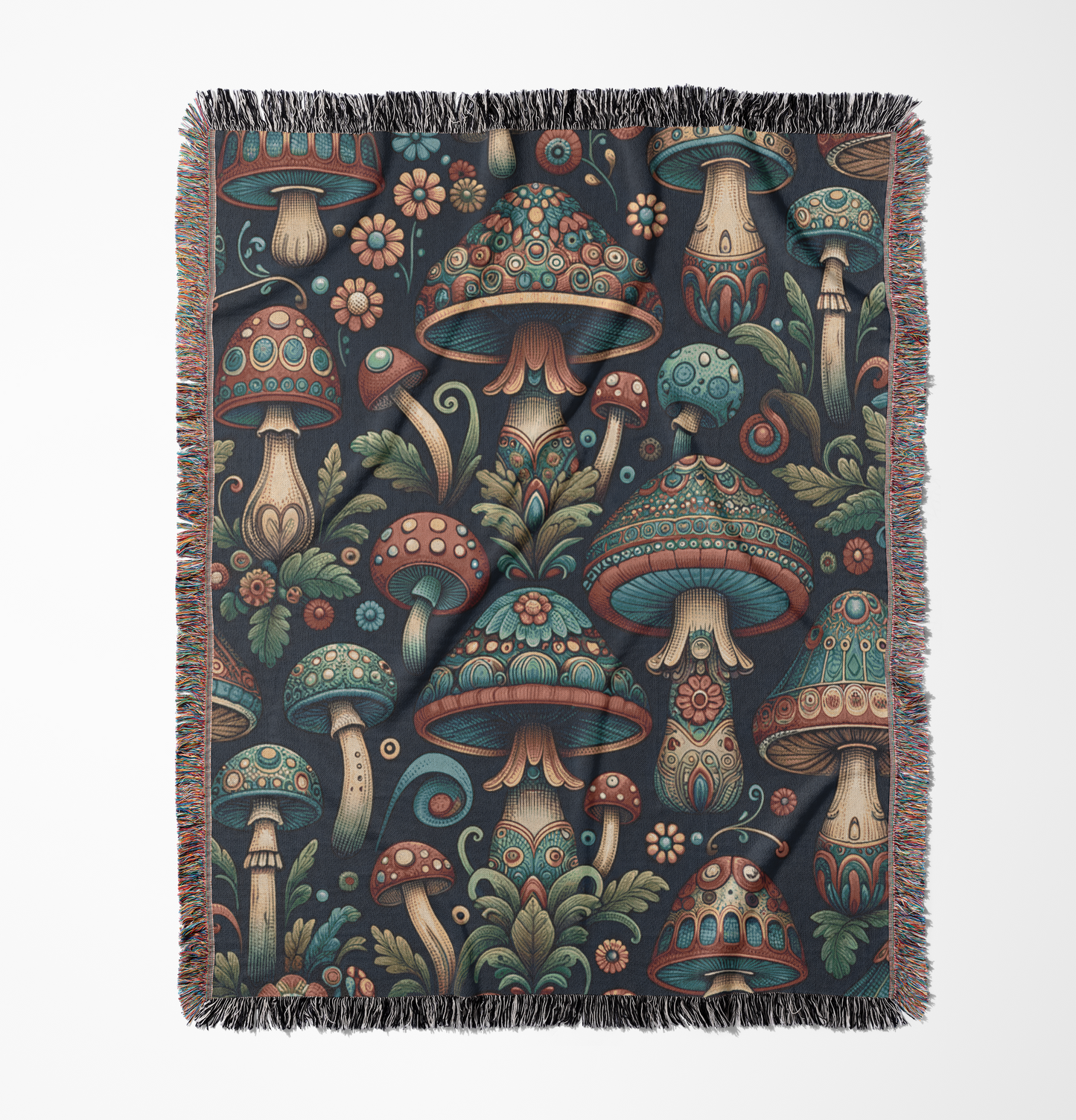 Mystic Mushroom Fest Woven Cotton Tapestry Throw Blanket