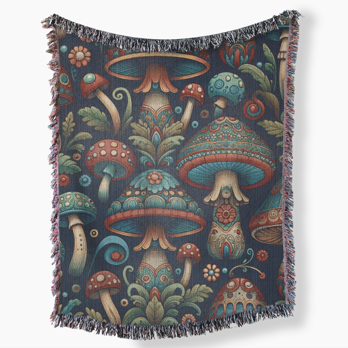 Mystic Mushroom Fest Woven Cotton Tapestry Throw Blanket