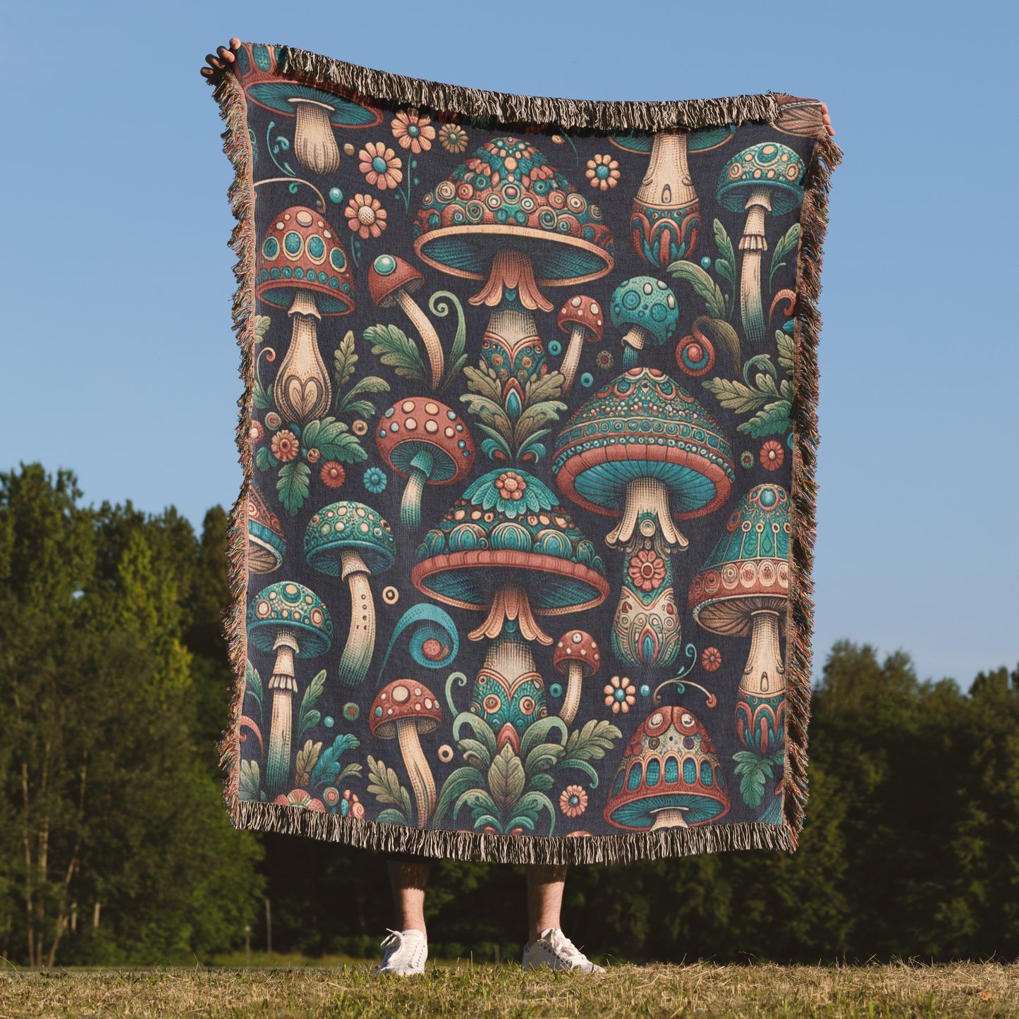 Mystic Mushroom Fest Woven Cotton Tapestry Throw Blanket