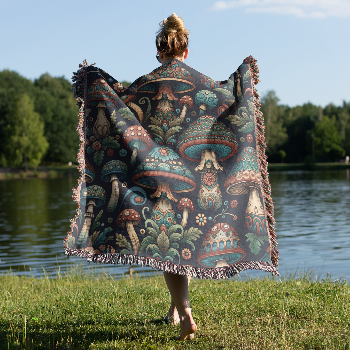 Mystic Mushroom Fest Woven Cotton Tapestry Throw Blanket